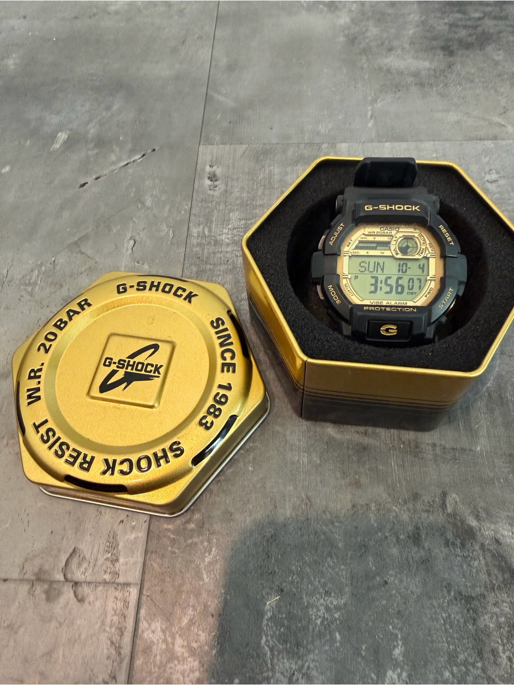 Casio G-Shock GD-350GB Black Watch with Gold Accents and Gold Tin
